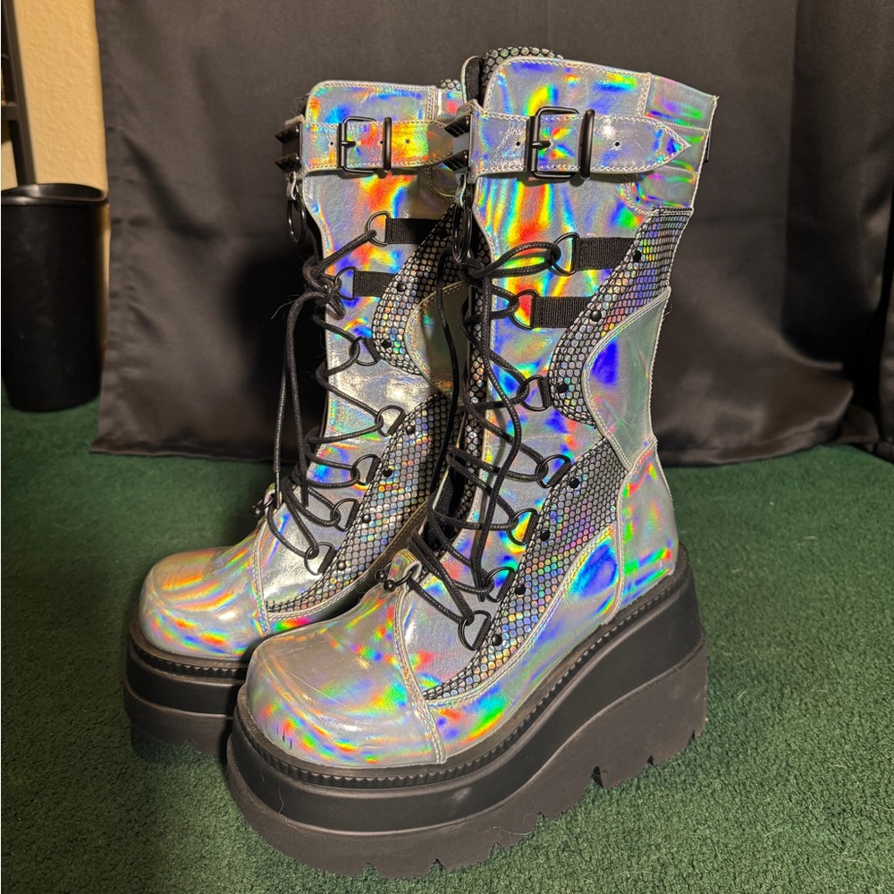 Demonia’s Holographic Platform Combat Boots